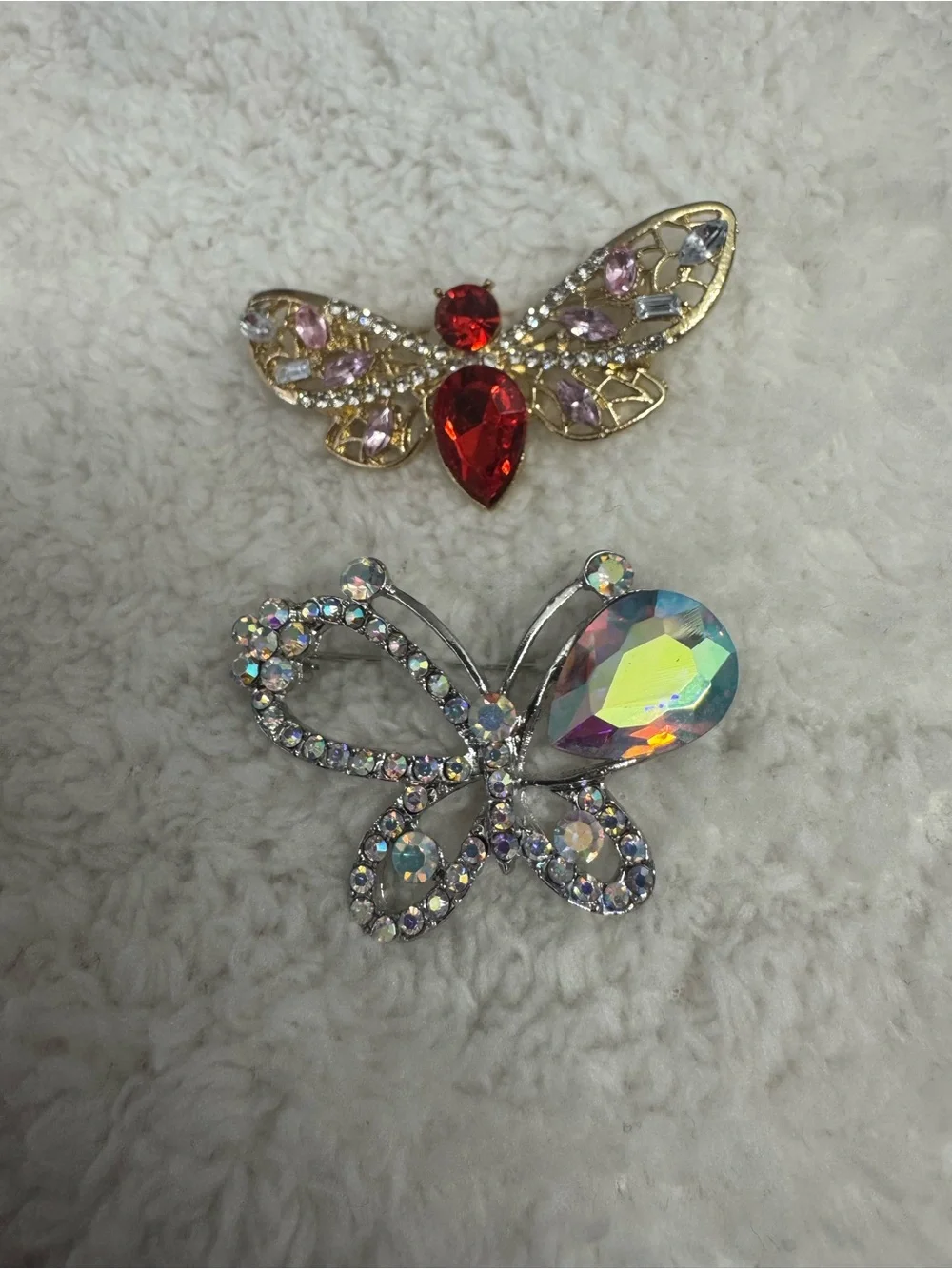 Crystal Butterfly Brooches - Gold & Silver with Red and Gems